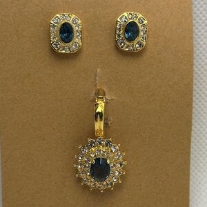 Roman Elegant Gold and Blue Gemstone Rhinestone Earrings and Removable Pendant